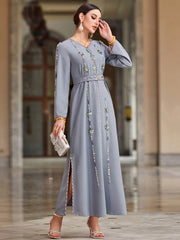 4039 Hand-Swen Bead Embellshments Rhinestone Long Abaya,  Elegant Rmantic Glamorous Vacation Fantasy Long Sleeve