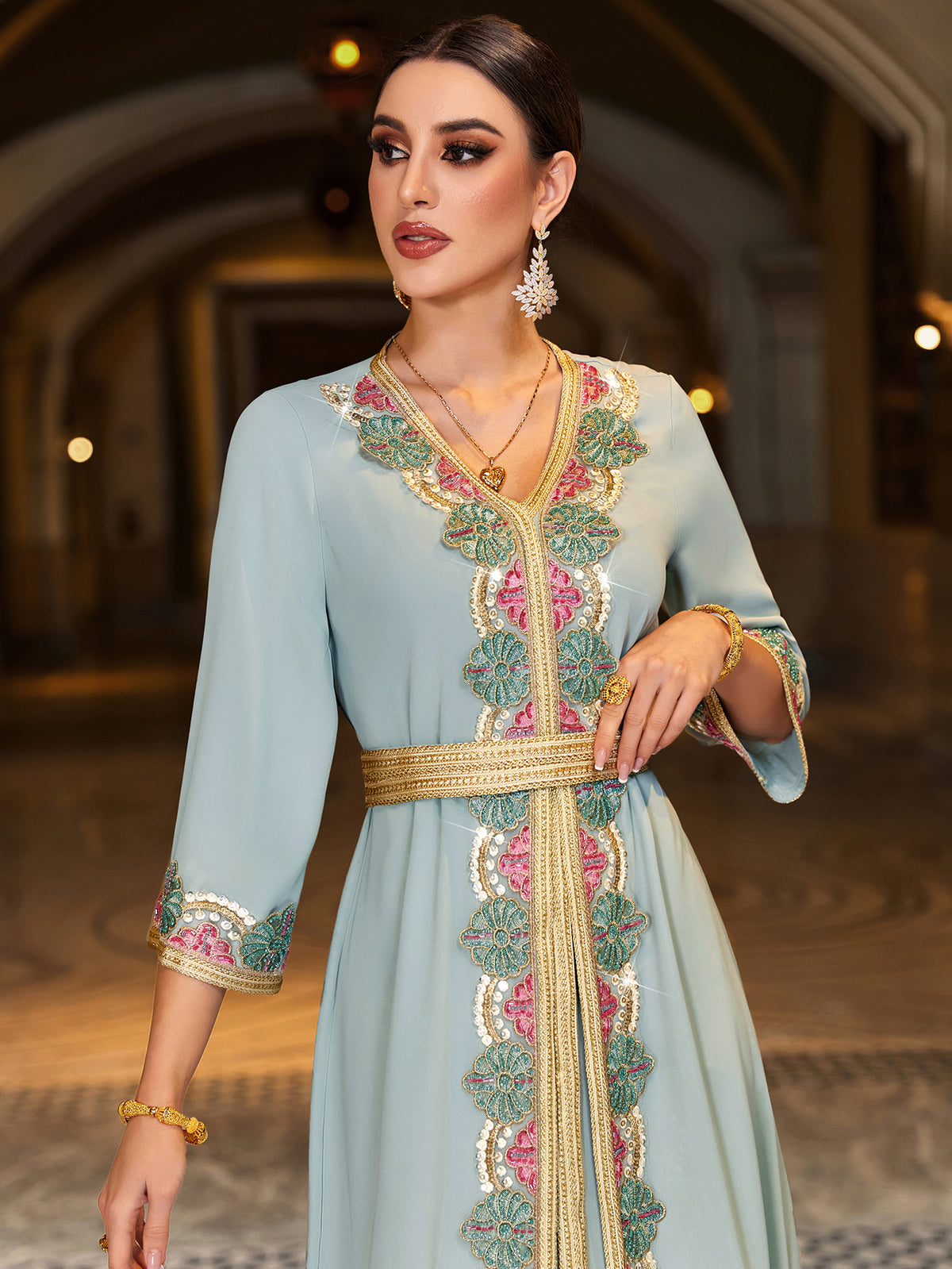 4066 Hand-Swen Bead Embellshments Rhinestone Long Abaya,  Elegant Rmantic Glamorous Vacation Fantasy Short Sleeve