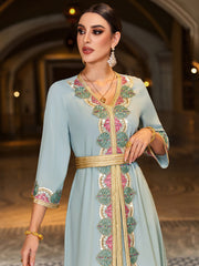 4066 Hand-Swen Bead Embellshments Rhinestone Long Abaya,  Elegant Rmantic Glamorous Vacation Fantasy Short Sleeve
