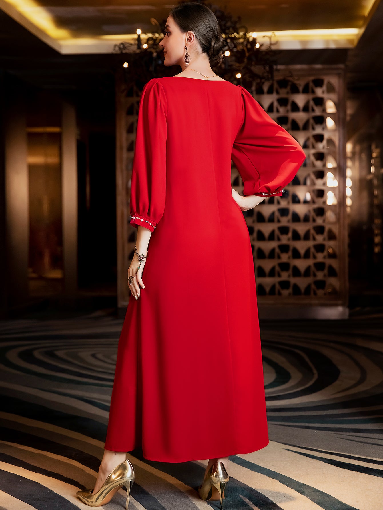 BA3054 Red Rhinestone Lantern-Sleeve Dress