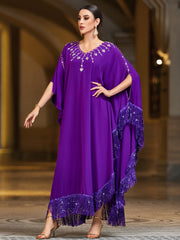 4144 Hand-Swen Bead Embellshments Rhinestone Long Abaya,  Elegant Rmantic Glamorous Vacation Fantasy Short Sleeve