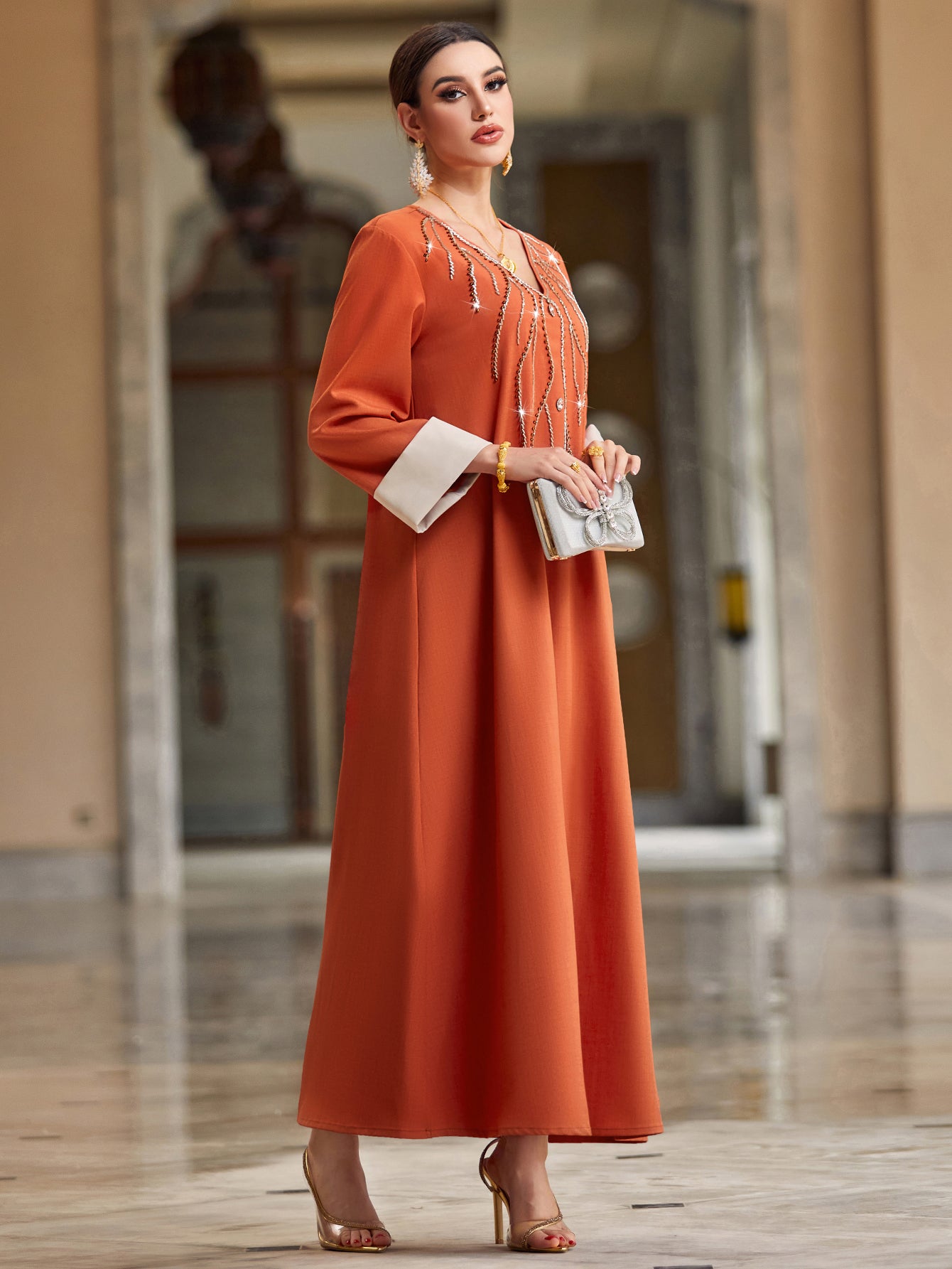 4055 Hand-Swen Bead Embellshments Rhinestone Long Abaya,  Elegant Modest Rmantic Glamorous Vacation Fantasy  Long Sleeve