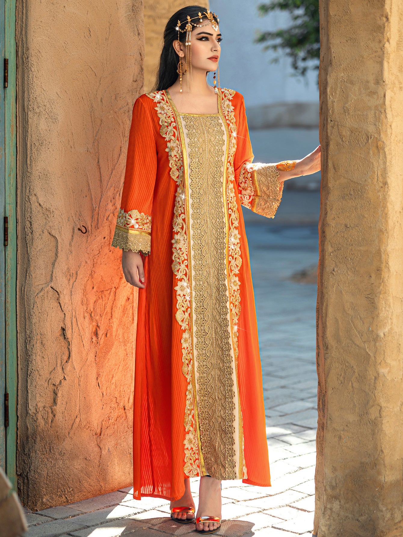 4092 Hand-Swen Bead Embellshments Rhinestone Long Abaya,  Elegant Modest Rmantic Glamorous Vacation Fantasy  Long Sleeve