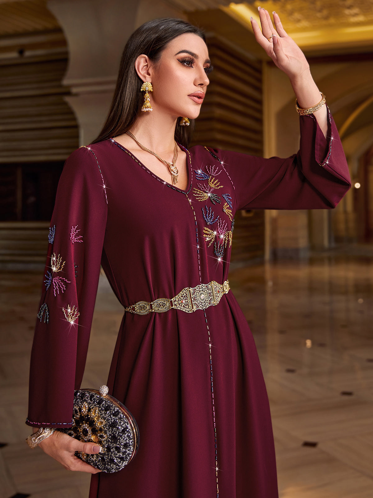 4126 Hand-Swen Bead Embellshments Rhinestone Long Abaya,  Elegant Modest Rmantic Glamorous Vacation Fantasy  Long Sleeve