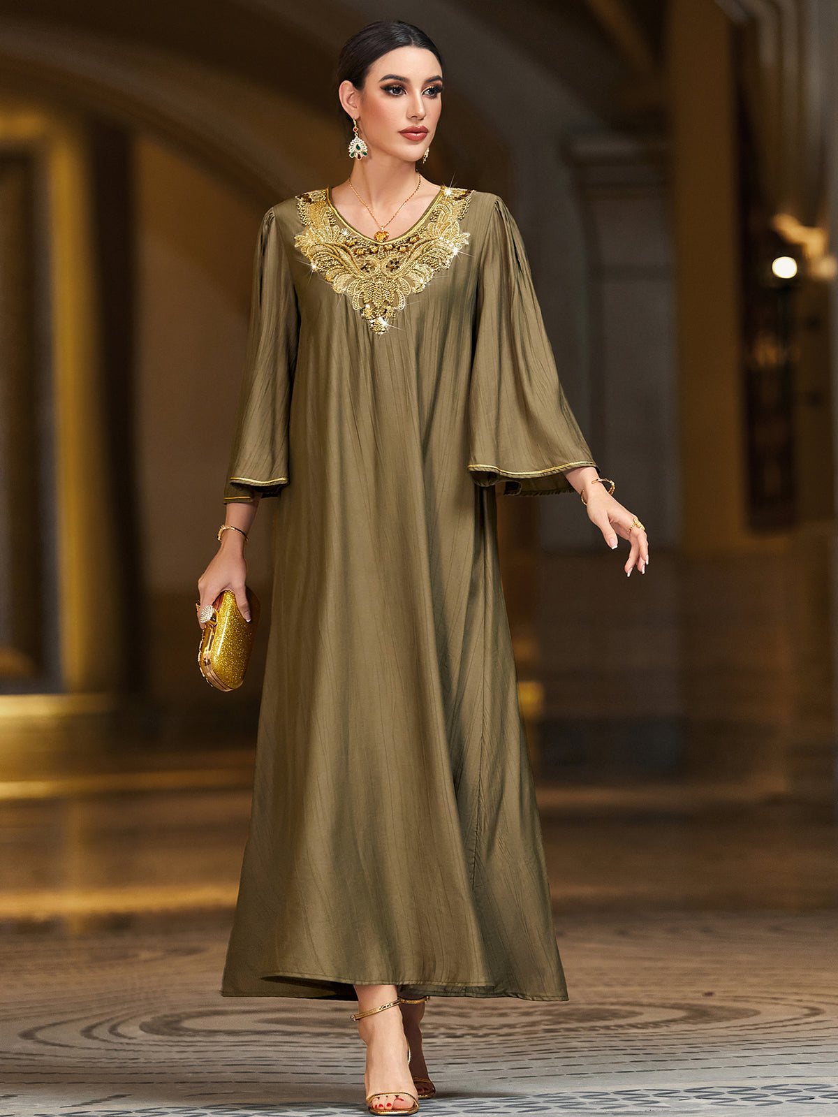 4121 Hand-Swen Bead Embellshments Rhinestone Long Abaya,  Elegant Rmantic Glamorous Vacation Fantasy Short Sleeve