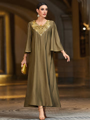 4121 Hand-Swen Bead Embellshments Rhinestone Long Abaya,  Elegant Rmantic Glamorous Vacation Fantasy Short Sleeve