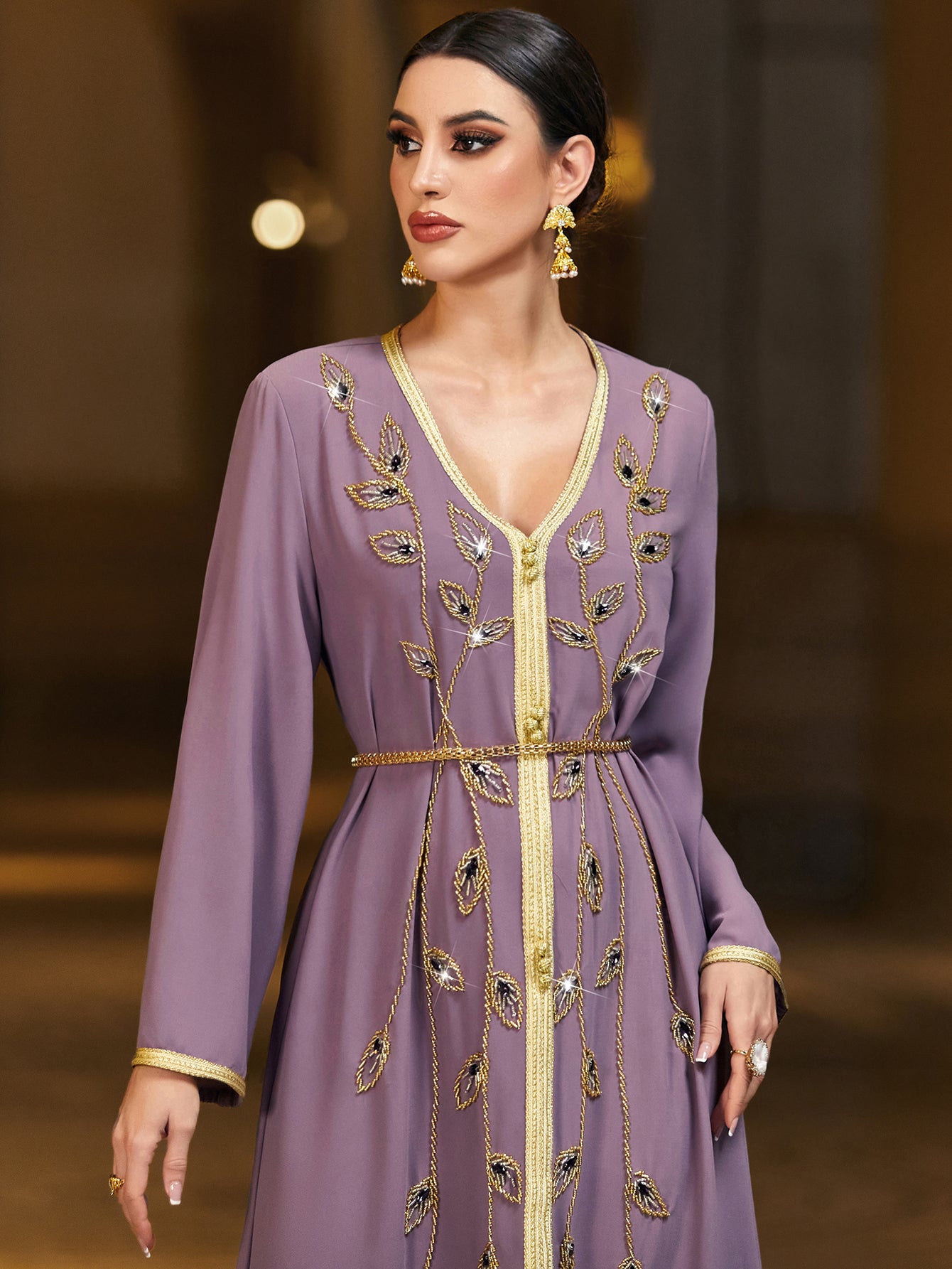 4032 Hand-Swen Bead Embellshments Rhinestone Long Abaya,  Elegant Rmantic Glamorous Vacation Fantasy Long Sleeve