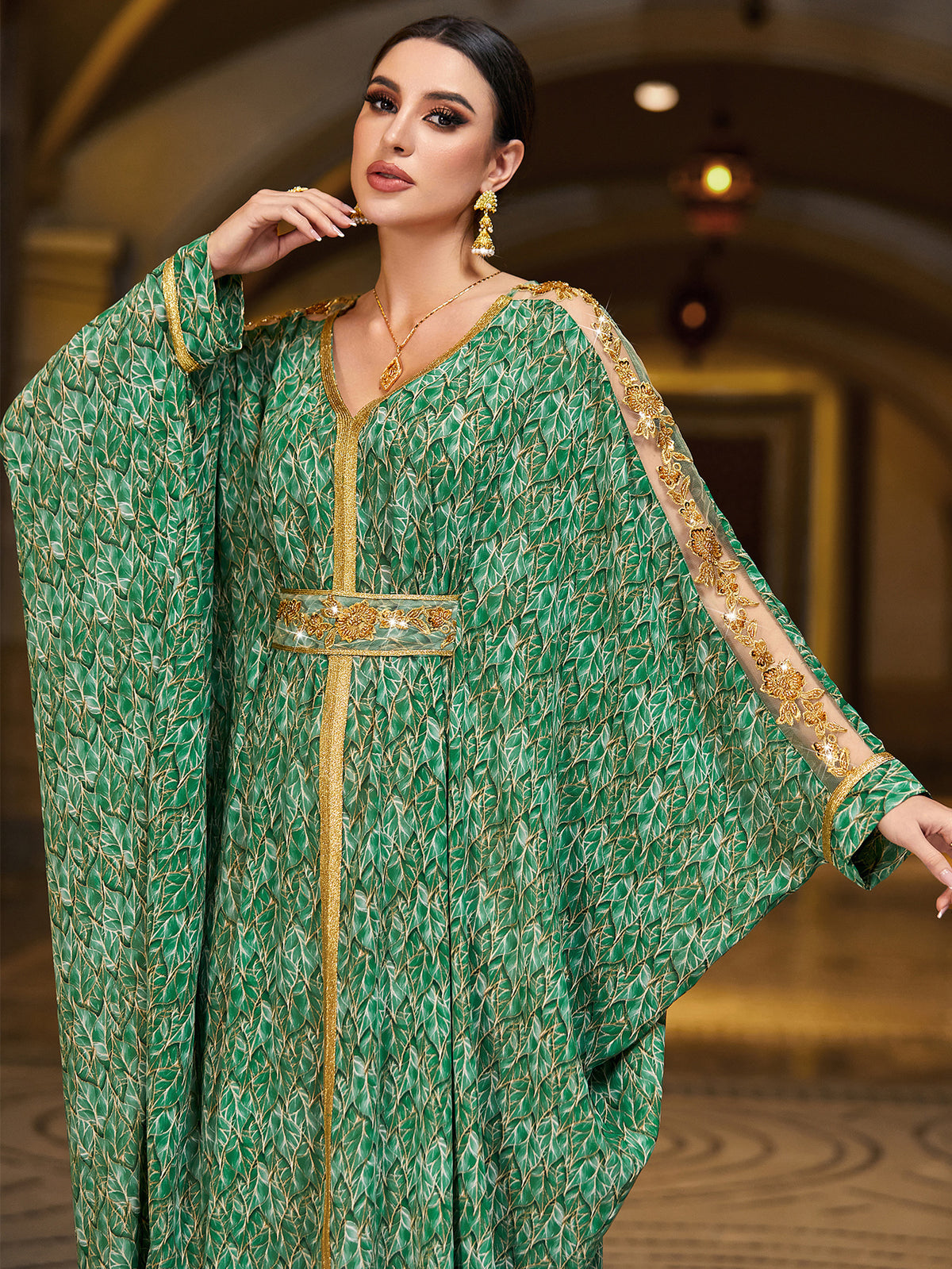 4134 Hand-Swen Bead Embellshments Rhinestone Long Abaya,  Elegant Rmantic Glamorous Vacation Fantasy Long Sleeve