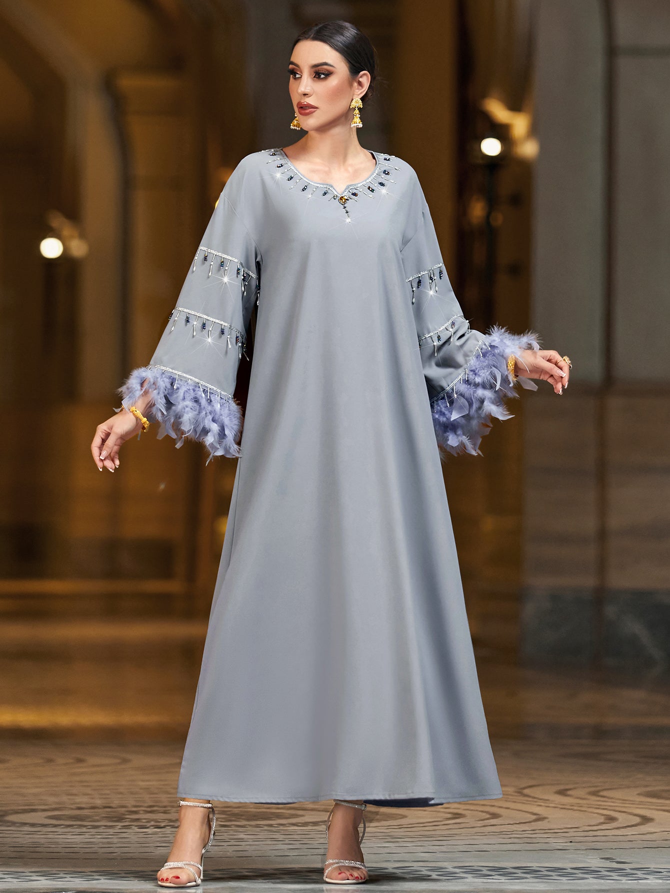 4005 Hand-Swen Bead Embellshments Rhinestone Long Abaya,  Elegant Modest Rmantic Glamorous Vacation Fantasy  Long Sleeve