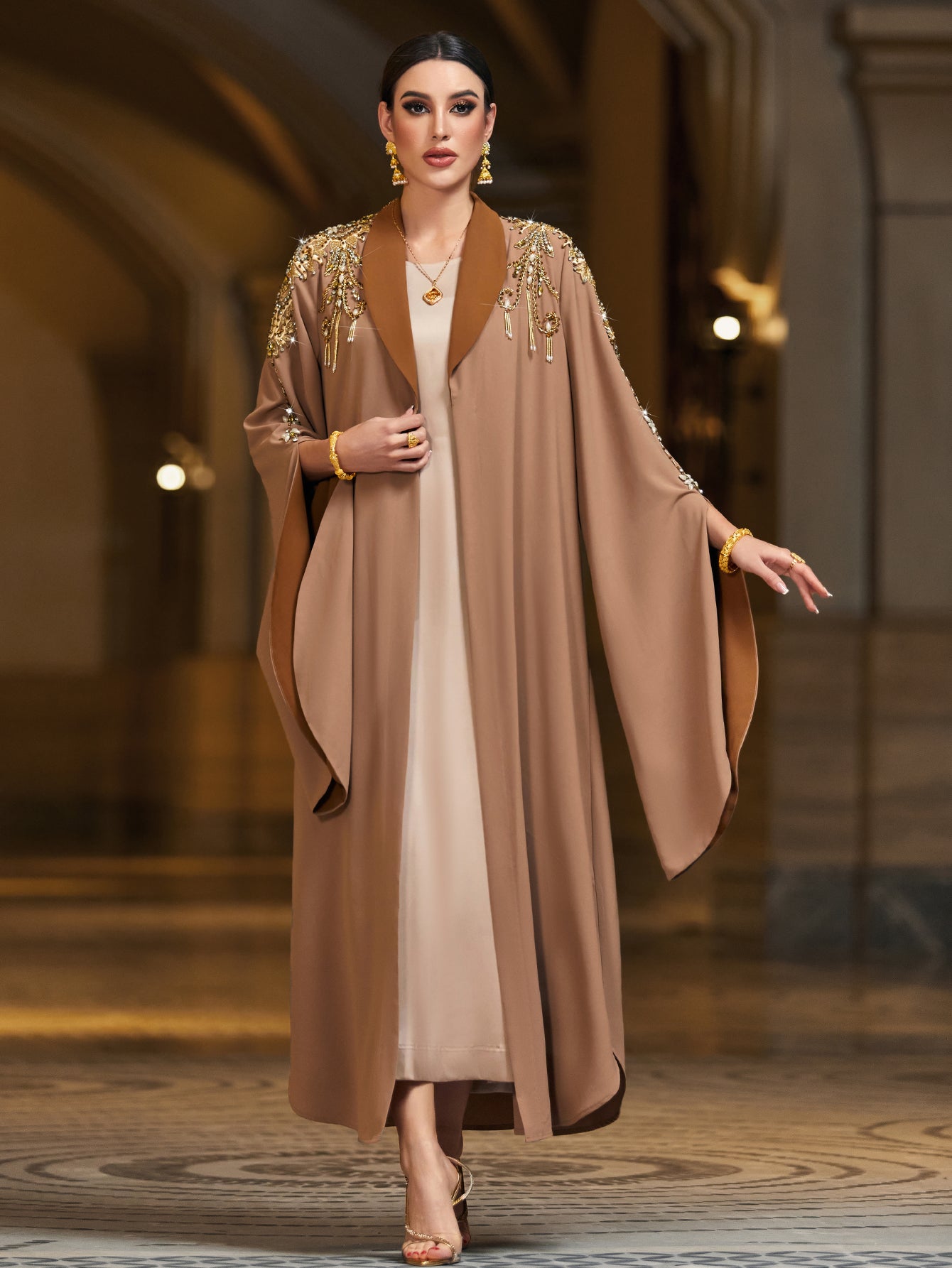 4149 Hand-Swen Bead Embellshments Rhinestone Long Abaya,  Elegant Rmantic Glamorous Vacation Fantasy Long Sleeve