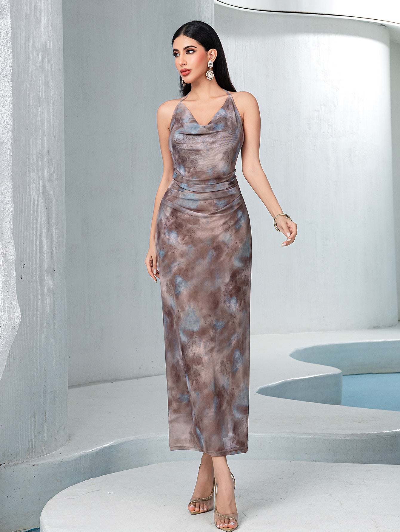 15169 Light Brown Abaya Set! Solid Outer Layer with Tie-Dye Inner Dress, Showcasing Sophisticated Minimalism