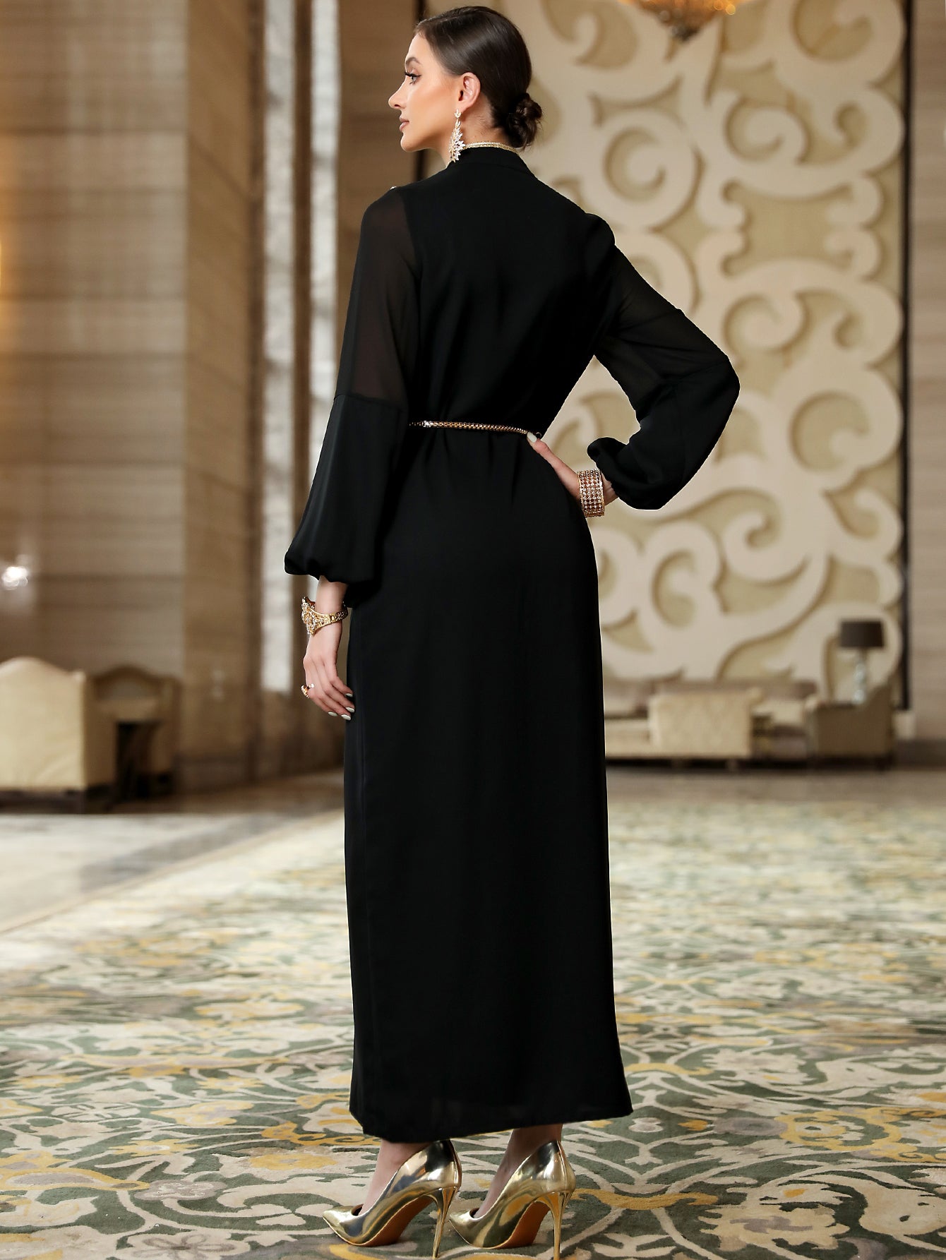 3132 Black Middle Eastern Style Embroidered Sequins Lantern Sleeve Maxi Dress - Elegant Gold Decorated Long Dress