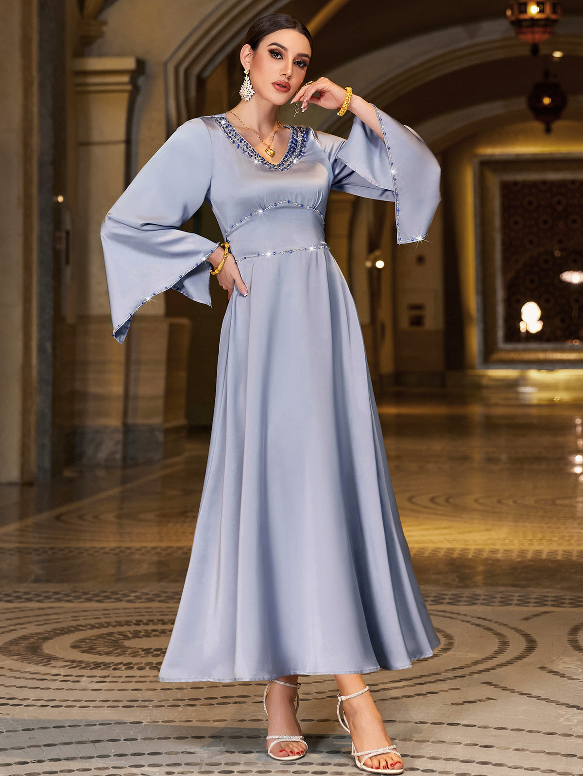 4063 Middle Eastern Style Light Blue Sequin-Embellished Flared Sleeve Maxi Dress - Elegant Sparkling Long Gown