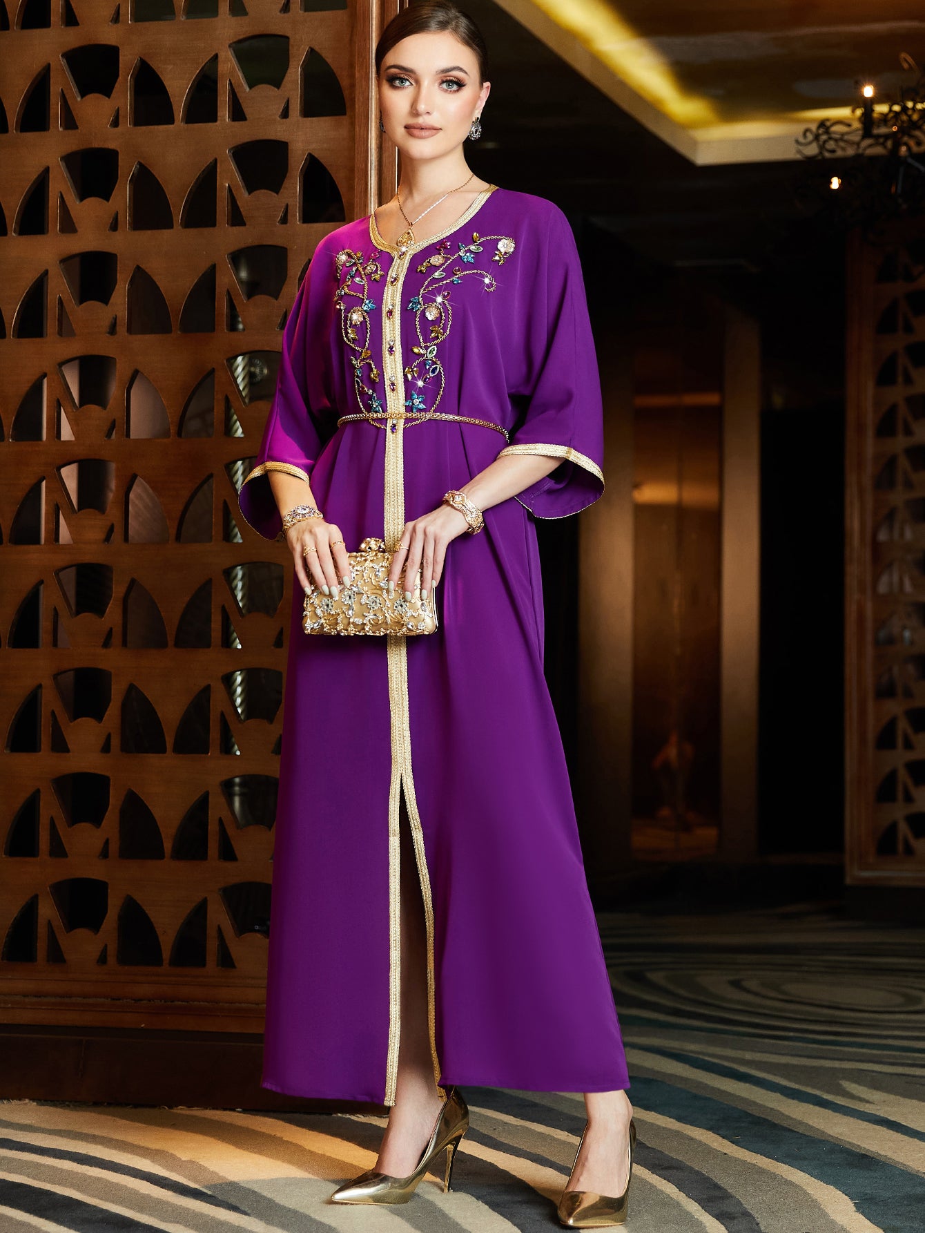 3004 Luxurious Dress in Middle Eastern Style adorned with Ribbon Embroidery and Shimmering Rhinestones