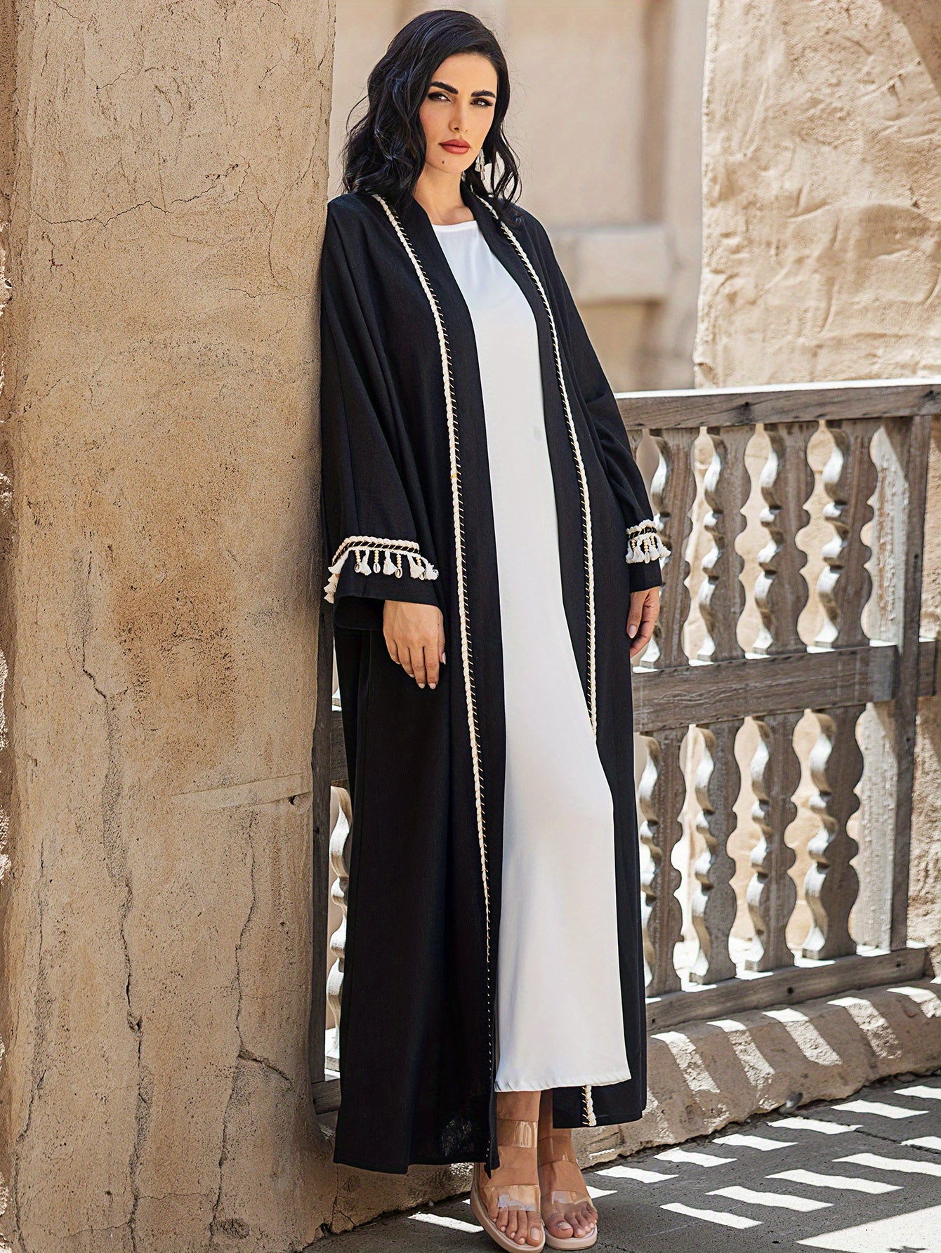 5062 Ya black Ramadan loose robe beaded with tassels embellished with a single piece