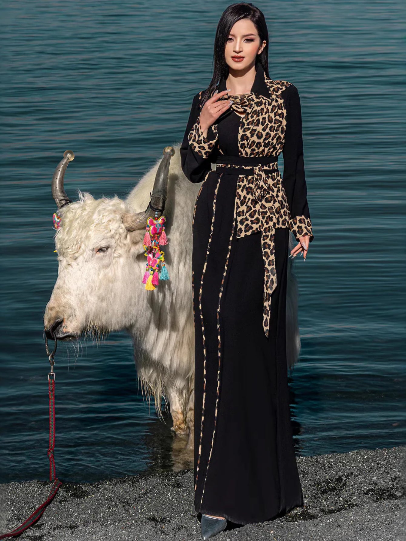 15237 Leopard print small square collar fashion casual design dress cross-border Middle East spot robe