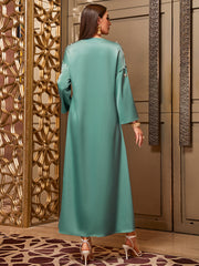 4047 Middle Eastern Style Turquoise Gold Embroidered Sequin 3/4 Sleeves Maxi Dress - Elegant Embellished Long Gown
