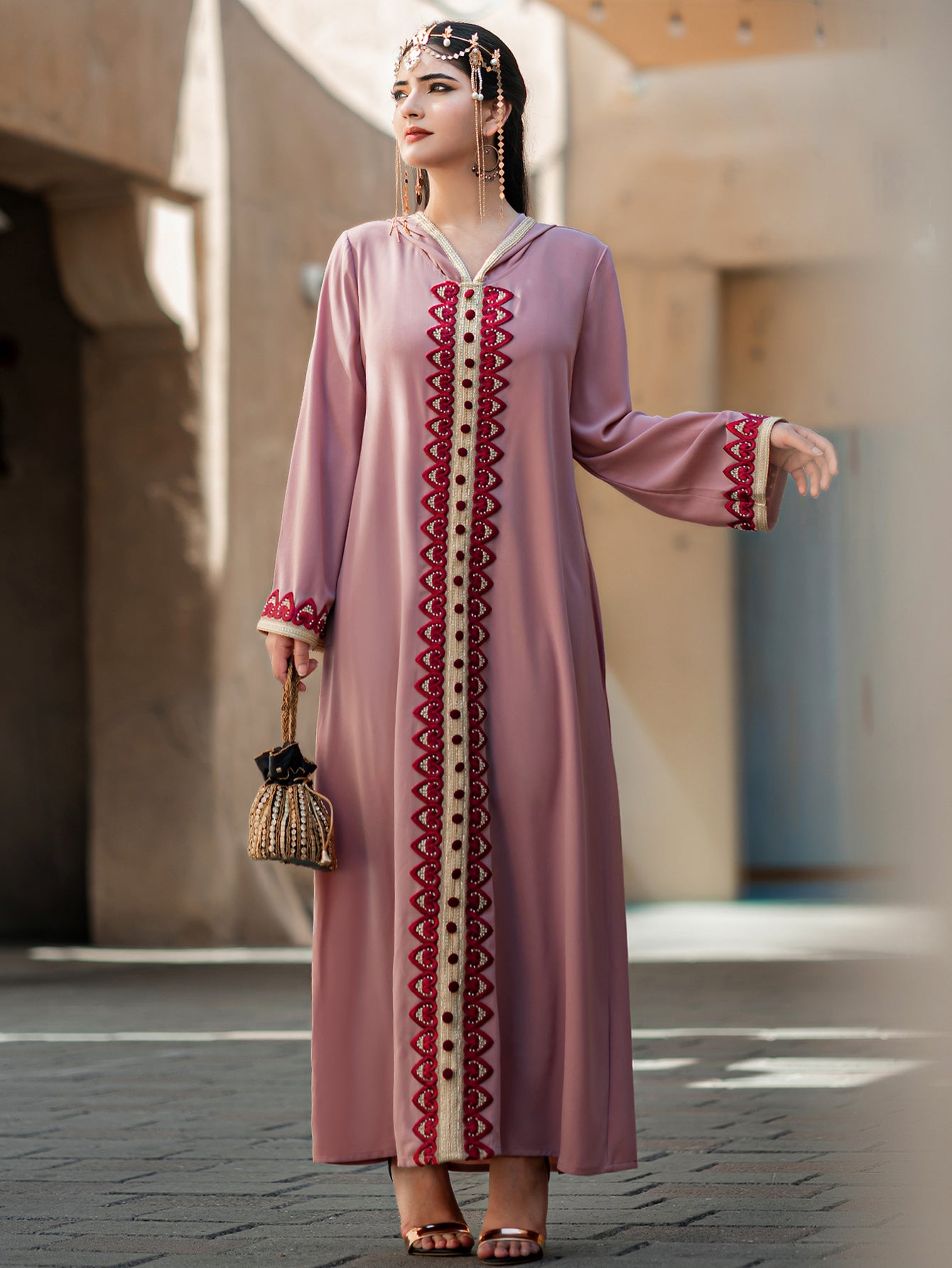 4052 Middle Eastern Style Pink Hooded Embroidered Maxi Dress - Elegant Red Beige Decorated Long Gown