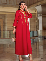 4054 Middle Eastern Style Red Gold Embellished Sequin 3/4 Sleeves Maxi Dress - Elegant Sparkling Long Gown