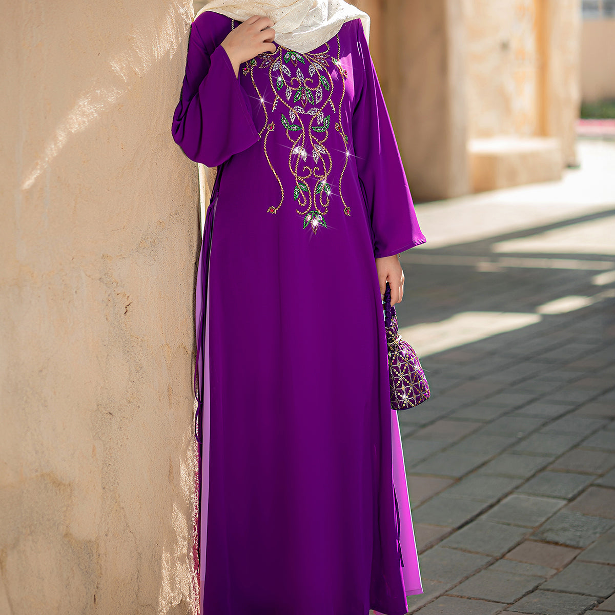 4008 Middle Eastern Style Purple Embroidered Hooded Maxi Dress - Sparkling Gold Green Decorated Long Gown