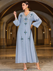 4140 Middle Eastern Style Light Blue Rhinestone Bead Embellished Bell Sleeves Maxi Dress - Elegant Decorated Abaya Gown