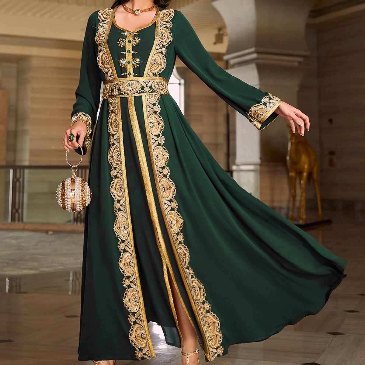 4081 Middle Eastern Style Dark Green Gold Embroidered Long Sleeve Belted Maxi Dress - Elegant Ornate Gown