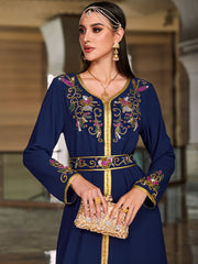 4067 Middle Eastern Style Navy Blue Gold-Trimmed Floral Embroidered Long Sleeve Maxi Dress - Elegant Belted Gown