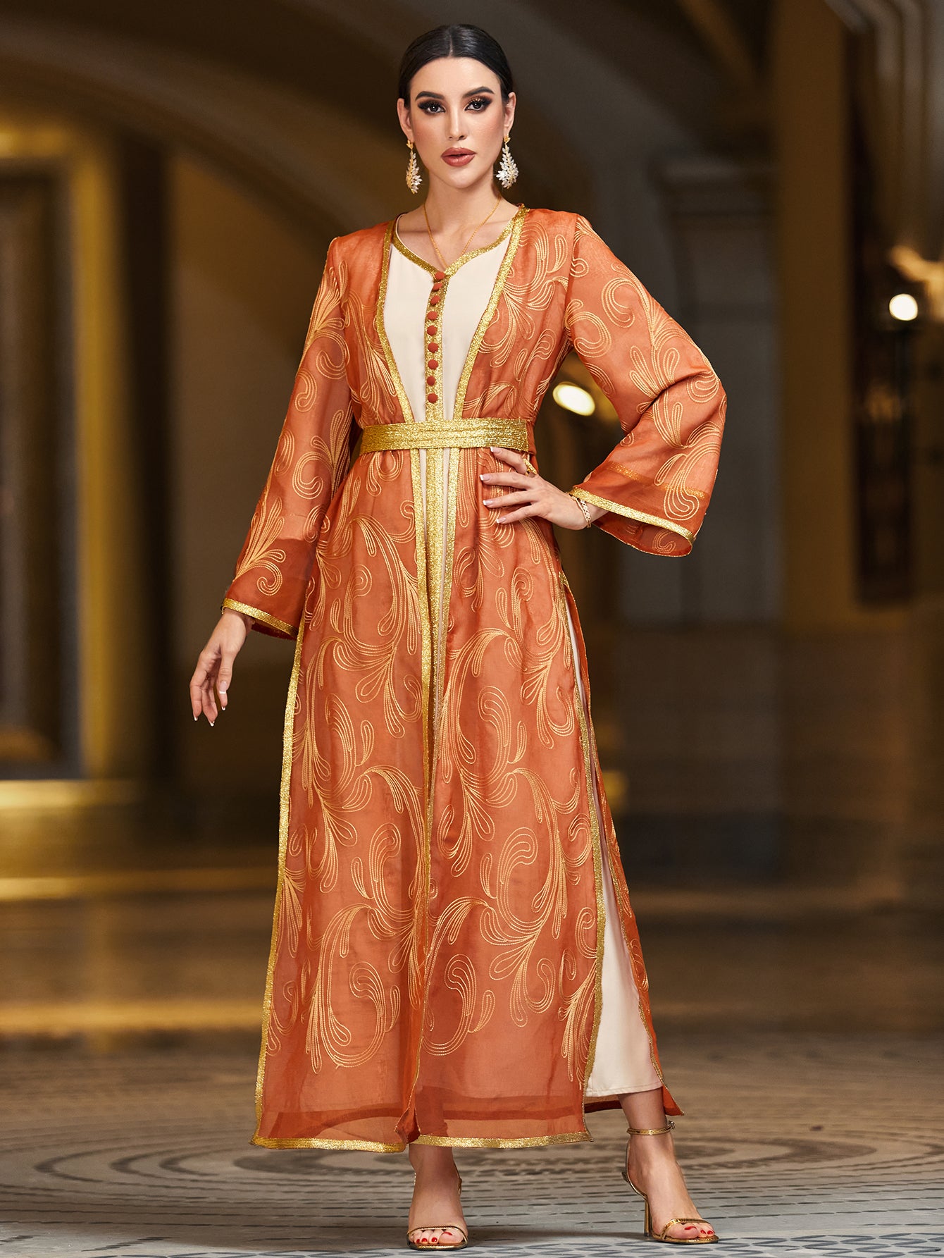 4103 Middle Eastern Style Orange Gold-Trimmed Printed Long Sleeve Belted Two-Piece Maxi Dress - Elegant Contrast Decorated Gown