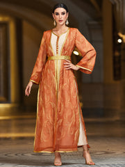 4103 Middle Eastern Style Orange Gold-Trimmed Printed Long Sleeve Belted Two-Piece Maxi Dress - Elegant Contrast Decorated Gown