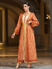 4103 Middle Eastern Style Orange Gold-Trimmed Printed Long Sleeve Belted Two-Piece Maxi Dress - Elegant Contrast Decorated Gown
