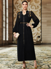 3132 Black Middle Eastern Style Embroidered Sequins Lantern Sleeve Maxi Dress - Elegant Gold Decorated Long Dress