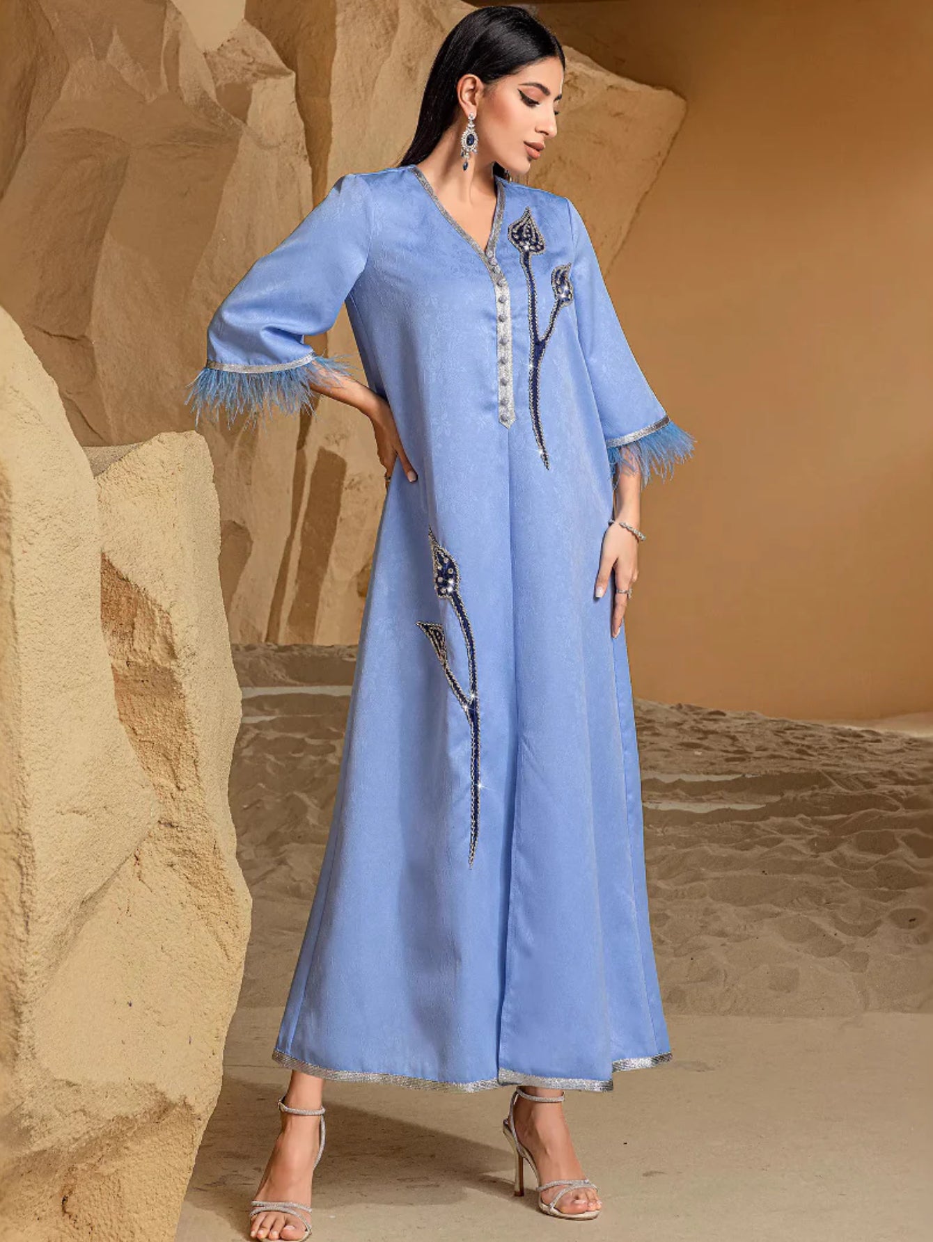 BA3025 Middle East Women's Embroidered Silver Feather Edge Robe South East Asia Dress