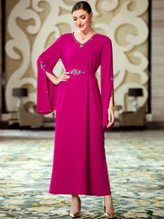 3068 rose red mid-east wind V-neck horn sleeve diamond slim dress