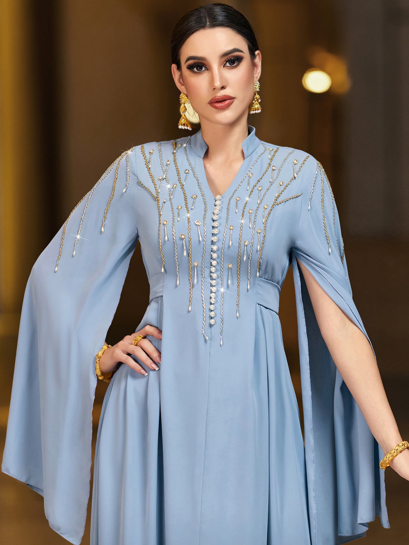 4038 Middle Eastern Style Light Blue Gold Sequins Embellished Cape Sleeves Maxi Dress - Elegant Flowing Long Gown
