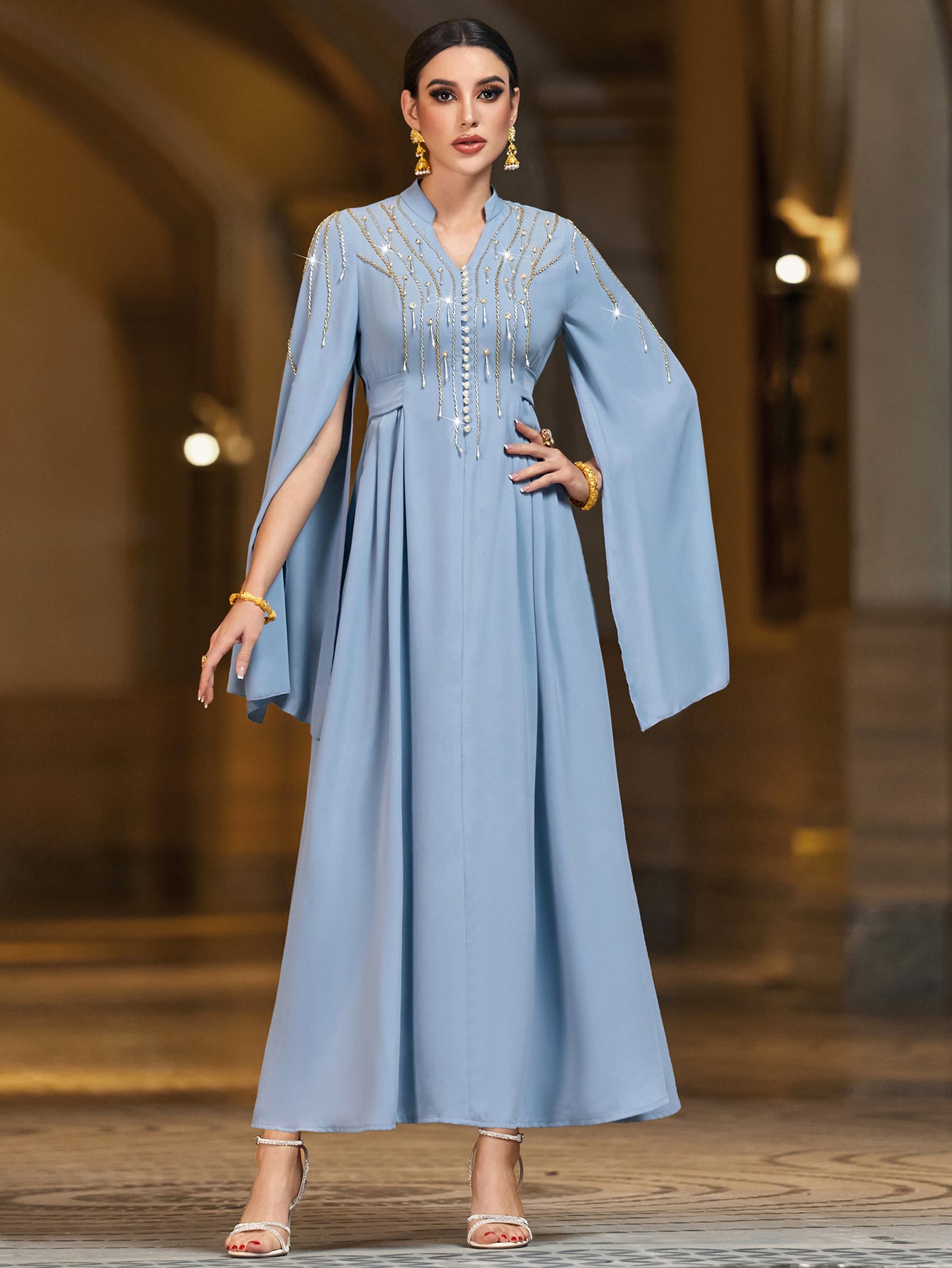 4038 Middle Eastern Style Light Blue Gold Sequins Embellished Cape Sleeves Maxi Dress - Elegant Flowing Long Gown