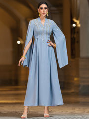 4038 Middle Eastern Style Light Blue Gold Sequins Embellished Cape Sleeves Maxi Dress - Elegant Flowing Long Gown