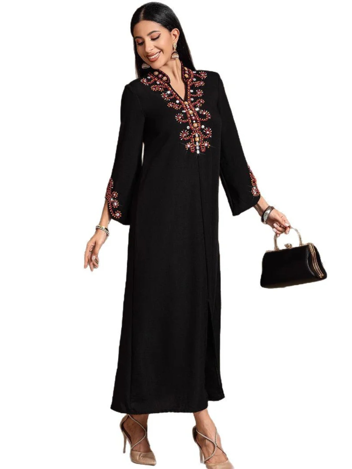 15004 New High-end Rice Bead Embroidery Fashion Dress Abaya Spot Robe Dress