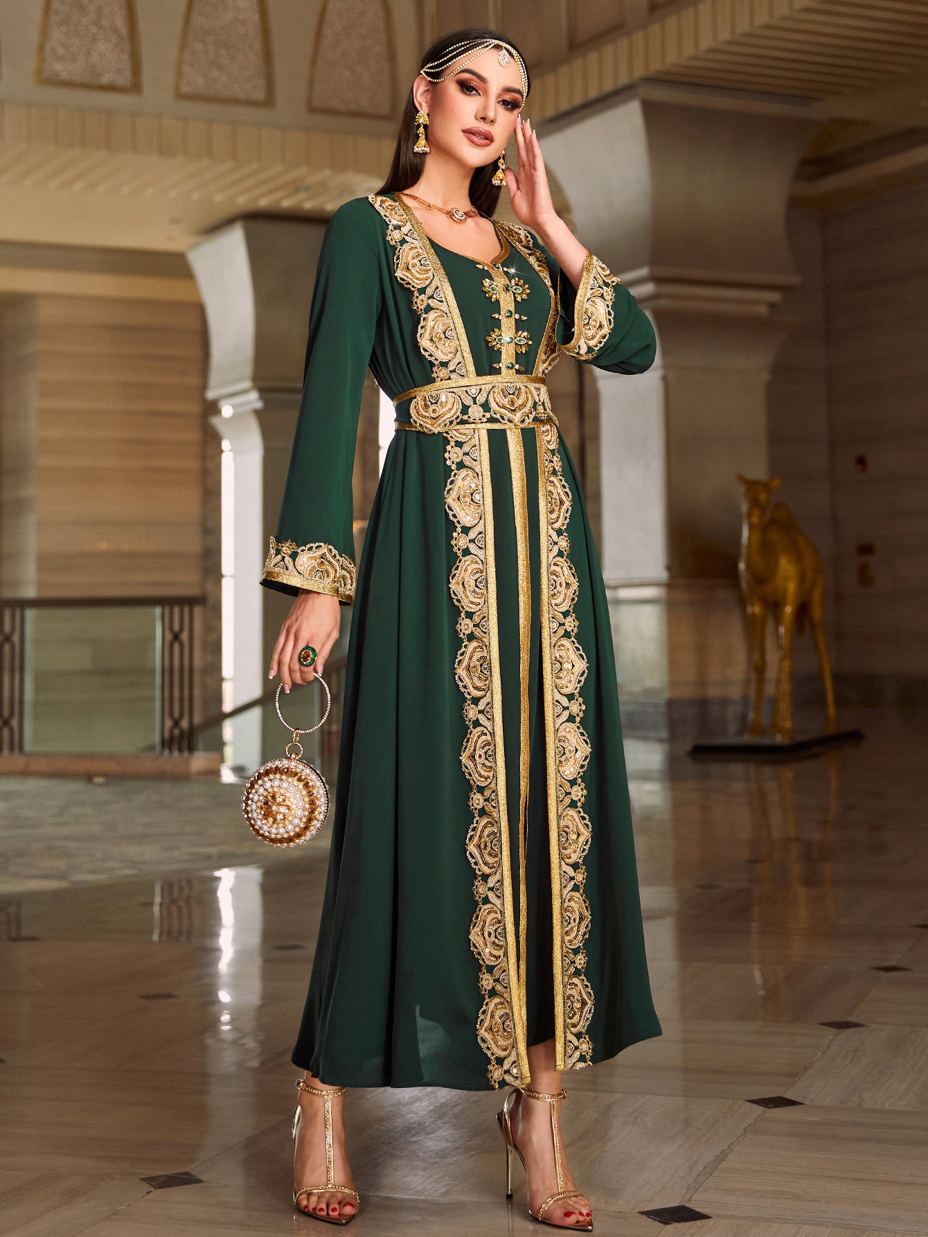 4081 Middle Eastern Style Dark Green Gold Embroidered Long Sleeve Belted Maxi Dress - Elegant Ornate Gown