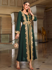 4081 Middle Eastern Style Dark Green Gold Embroidered Long Sleeve Belted Maxi Dress - Elegant Ornate Gown