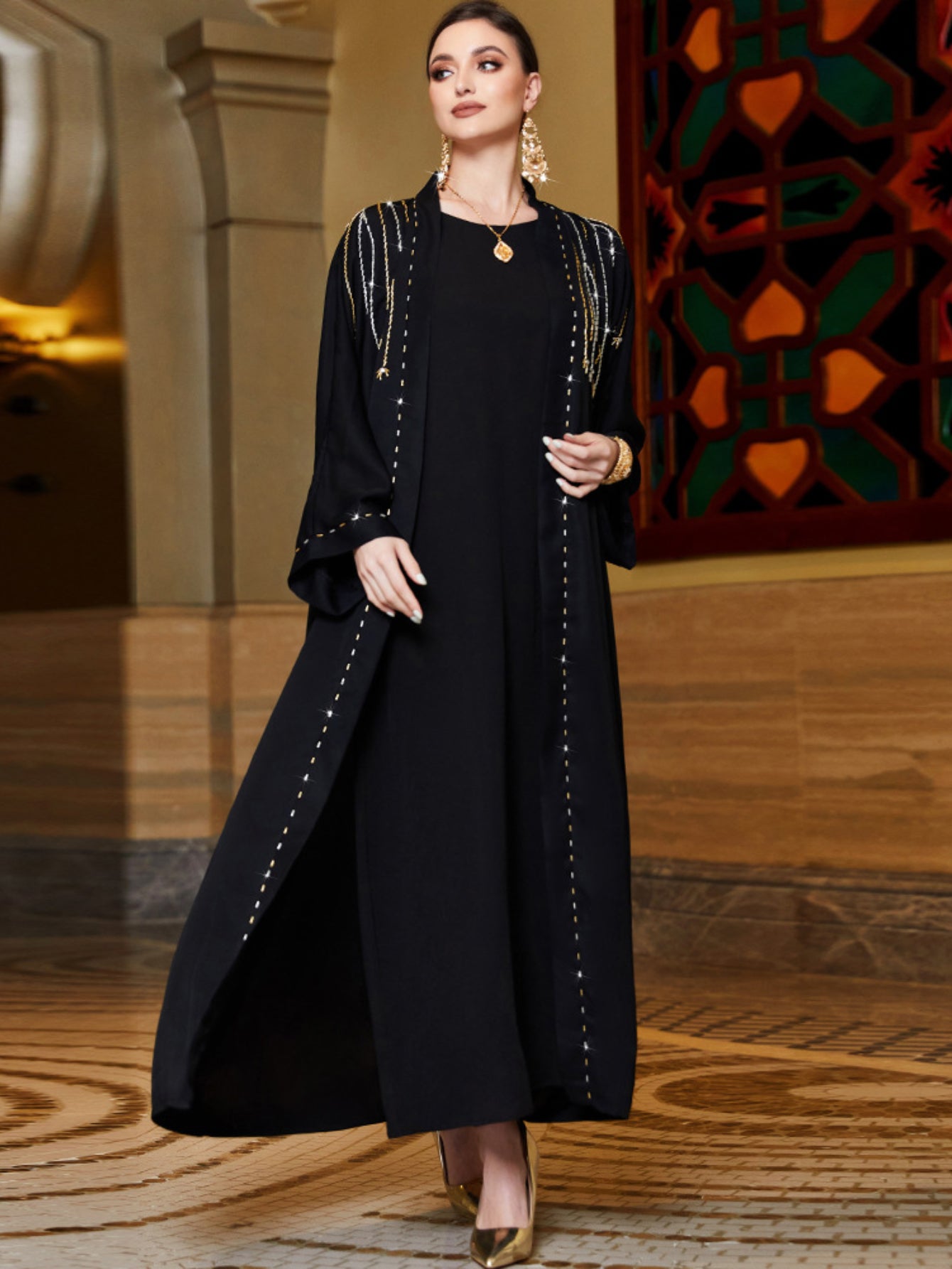 3135 black outer hand-sewn rice bead satin robe, spot cardigan