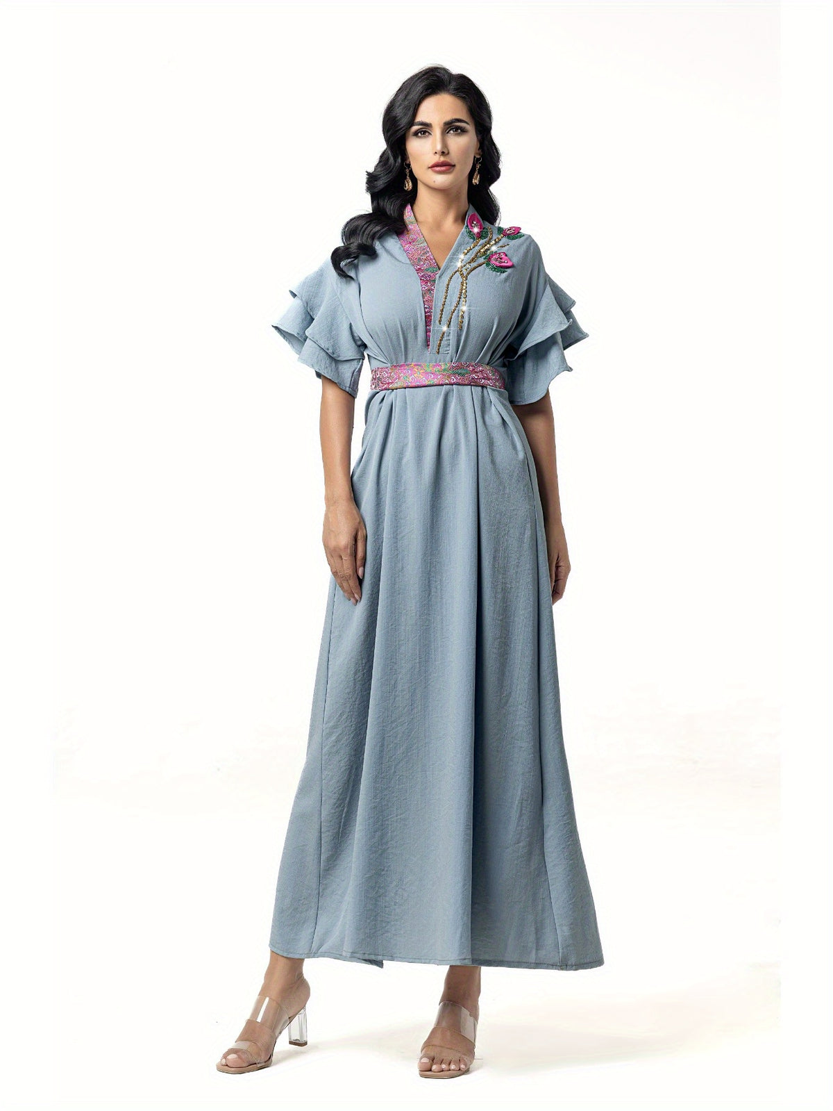 5110 abaya robe dress, floral beads shine, lotus leaf sleeves with waist design, a must for parties