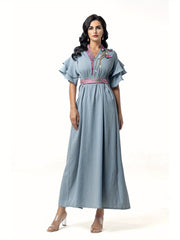 5110 abaya robe dress, floral beads shine, lotus leaf sleeves with waist design, a must for parties