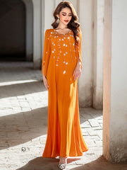 5204 Sunset Orange Arabic Abaya Dress | Round Neck Beaded Gown with Bell Sleeves & Intricate Embroidery