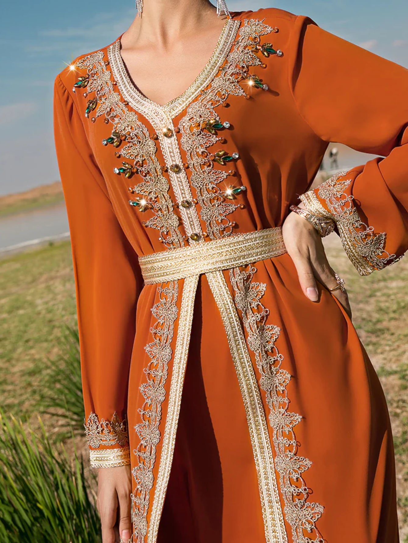 BA9028 new orange heavy industry hand-sewn diamond splicing lace fake two-piece dress Middle East travel dress