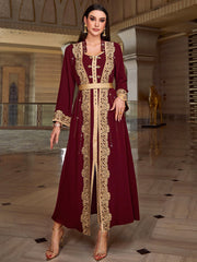 4023 Middle Eastern Style Burgundy Gold Embroidered Long Sleeve Maxi Dress - Elegant Lace-Trimmed Belted Gown