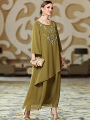 BA3042 New army green hand-sewn chiffon long dress loose pendulum ABAYA dress