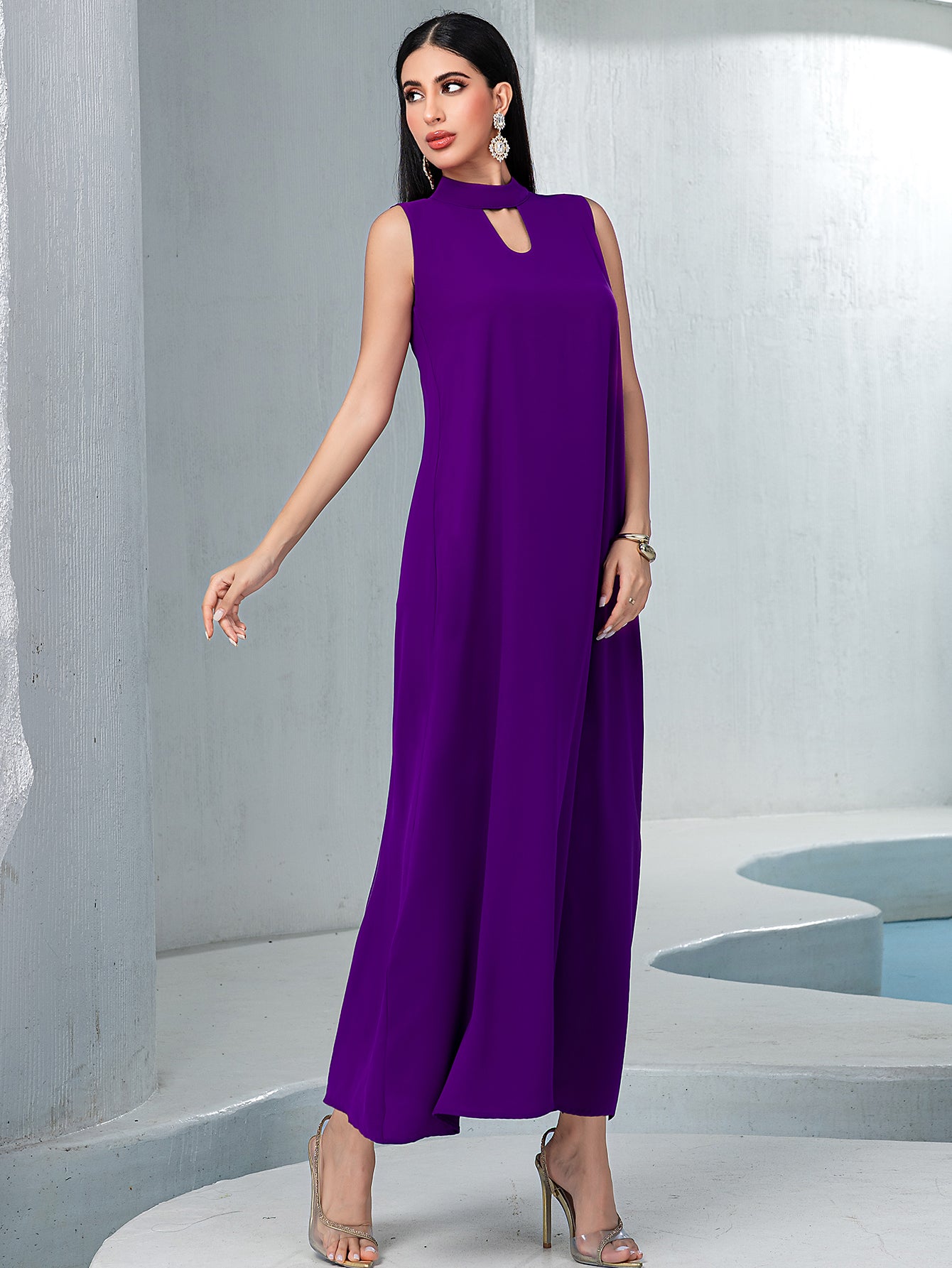 5142Two-Piece Purple & Blue Embroidered Dress Set | Floral Overlay Top with Beaded V-Neck & Slimming Belt
