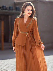 15215 new V-neck long-sleeved pleated skirt heavy industry handmade beaded elegant long dress dress women's dress