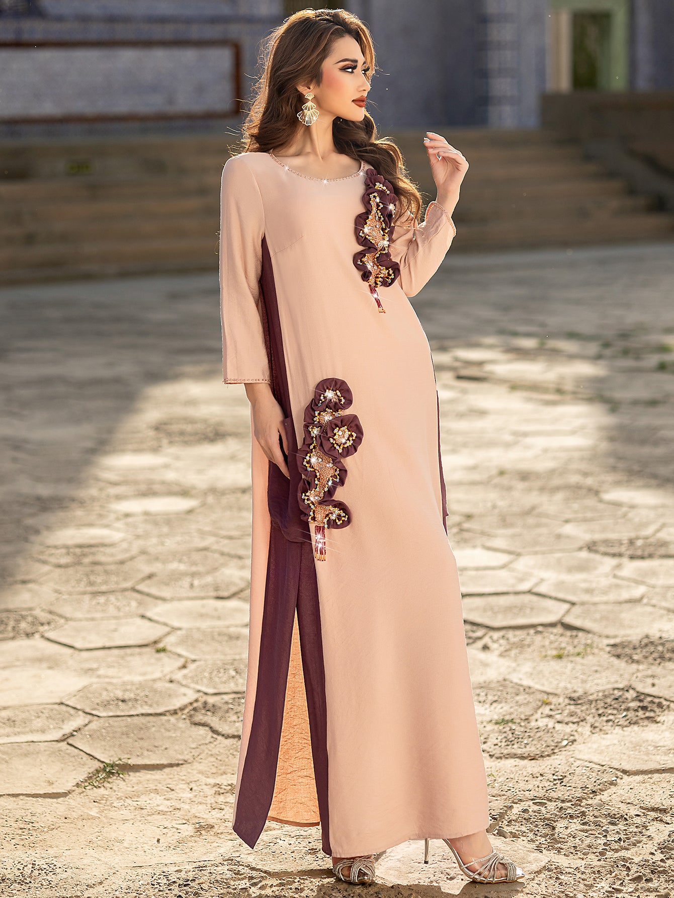 5201Luxury Pink & Burgundy Abaya Dress | Arabic Floral Embroidery with Gold Beads, Fringe & Pearl Cuffs