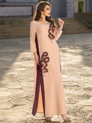 5201Luxury Pink & Burgundy Abaya Dress | Arabic Floral Embroidery with Gold Beads, Fringe & Pearl Cuffs